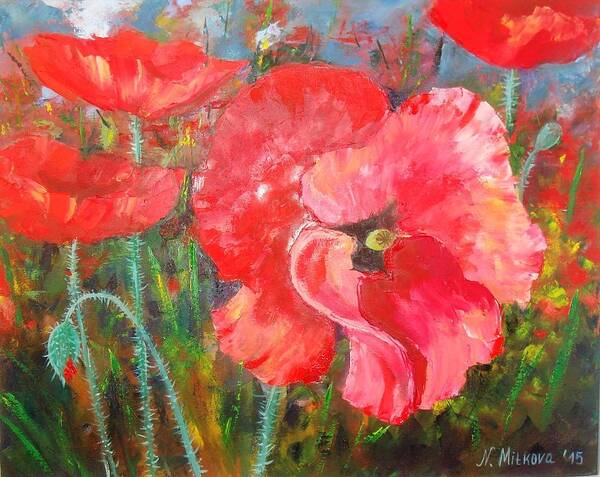 Poppies Art Print featuring the painting Before the storm by Nina Mitkova