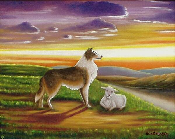 Dog And Sheep Art Print featuring the painting Beside still water by Gene Gregory