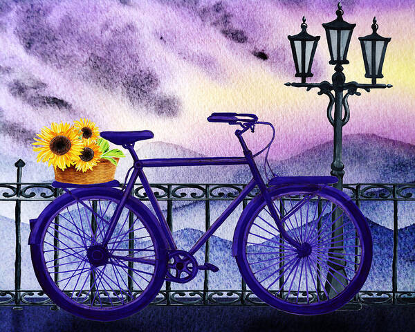 Bicycle Art Print featuring the painting Blue Bicycle And Sunflowers by Irina Sztukowski by Irina Sztukowski