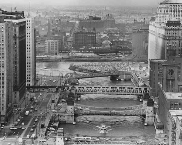Wendella Art Print featuring the photograph Bird's Eye View of Chicago Waterway - 1961 by Chicago and North Western Historical Society
