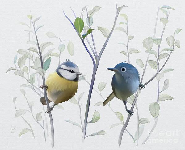 Ornithology. Ornithological Illustration Art Print featuring the painting Birds in tree by Ivana Westin