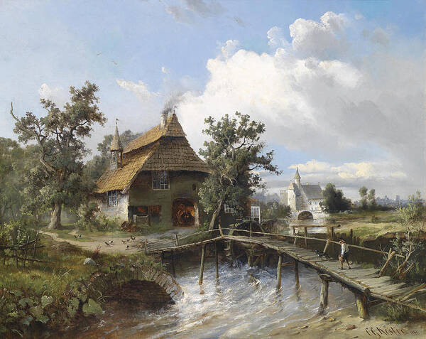 Carl Georg Koster Art Print featuring the painting Blacksmith's Forge by the Stream by Carl Georg Koster
