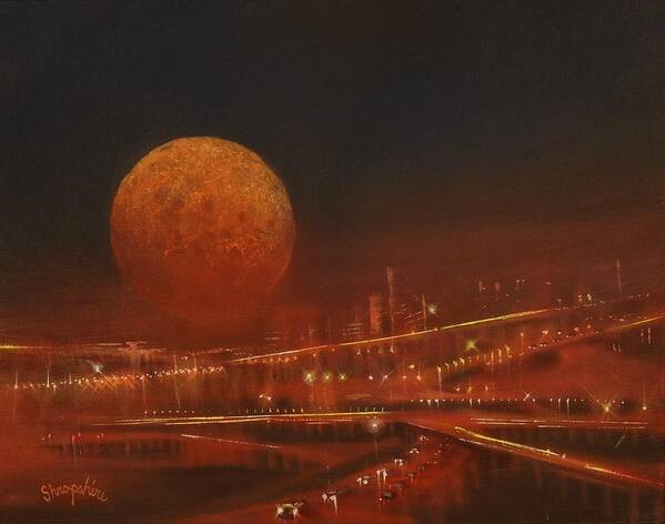 Blood Moon Art Print featuring the painting Blood Moon Over the City by Tom Shropshire
