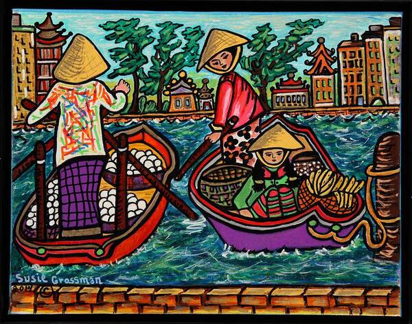 Rice Hat Art Print featuring the painting Boat Vendors by Susie Grossman