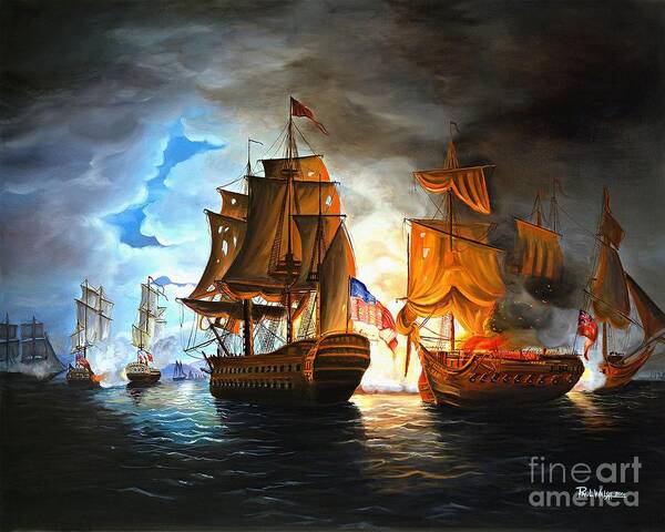 Naval Battle Art Print featuring the painting Bonhomme Richard engaging The Serapis in Battle by Paul Walsh