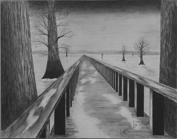 Lake Art Print featuring the drawing Bridge Across Frozen Lake by Gregory Lee