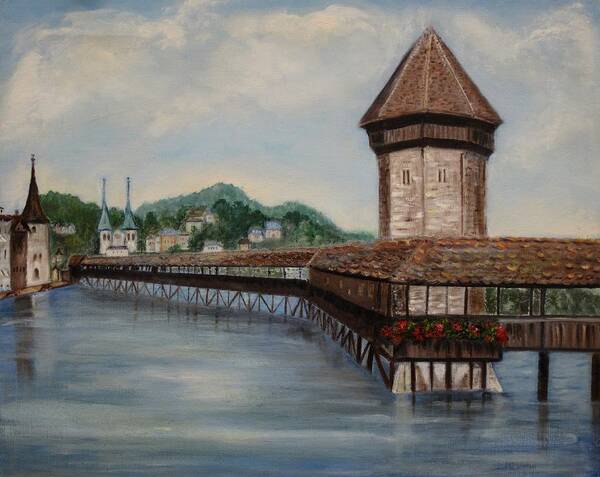 Town Art Print featuring the painting Bridge on Lake Lucerne by Irene McDunn