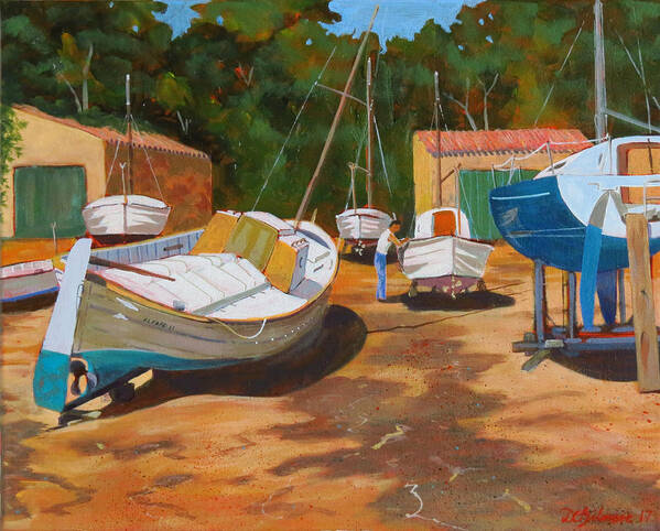 Mallorca Art Print featuring the painting Cala figuera Boatyard - I by David Gilmore