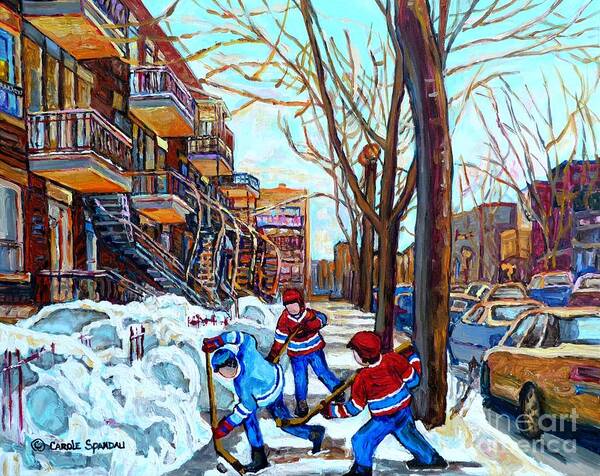 Montreal Art Print featuring the painting Canadian Art Street Hockey Game Verdun Montreal Memories Winter City Scene Paintings Carole Spandau by Carole Spandau