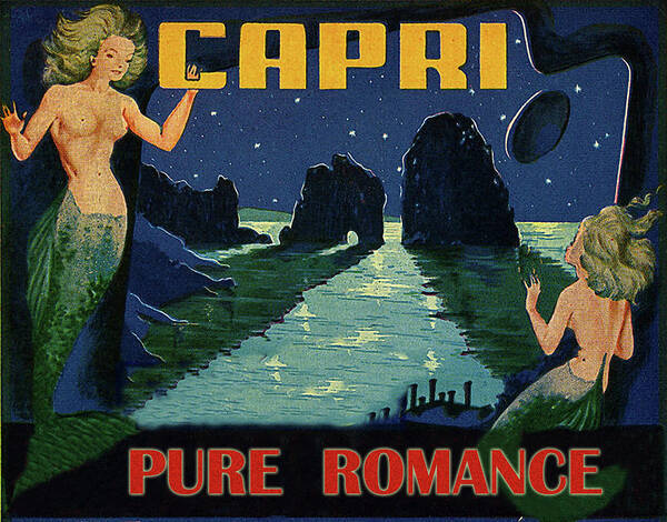 Capri Art Print featuring the painting Capri, Italy, mermaids, romantic night by Long Shot
