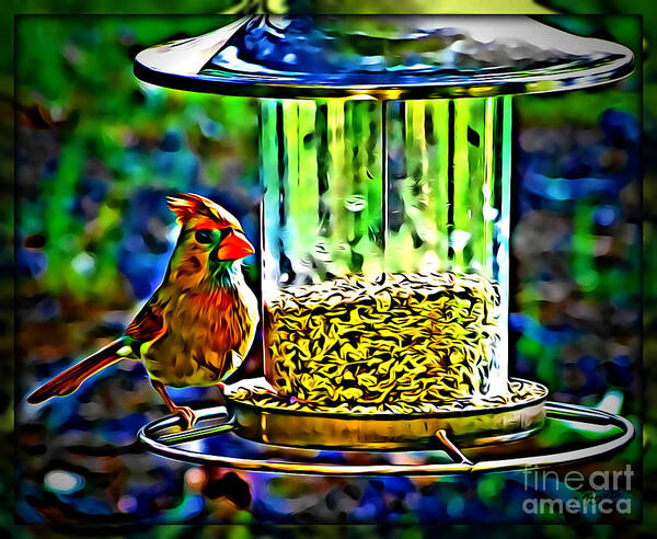 Bird Art Print featuring the photograph Cardinal At Feeder by Leslie Revels