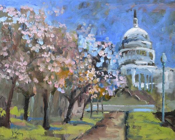 Capitol Art Print featuring the painting Cherry Tree Blossoms in Washington DC by Donna Tuten