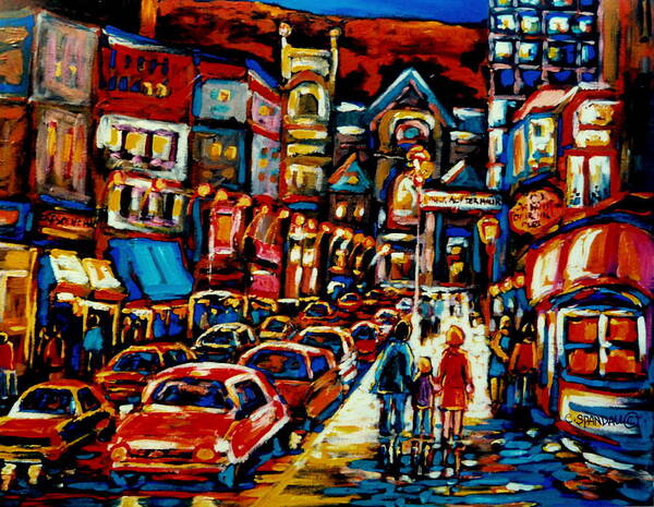 City At Night Downtown Montreal Montreal Art Print featuring the painting City At Night Downtown Montreal by Carole Spandau