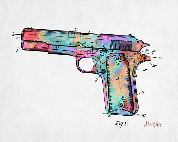 Colt 45 Art Print featuring the digital art Colorful 1911 Colt 45 Browning Firearm Patent Minimal by Nikki Marie Smith