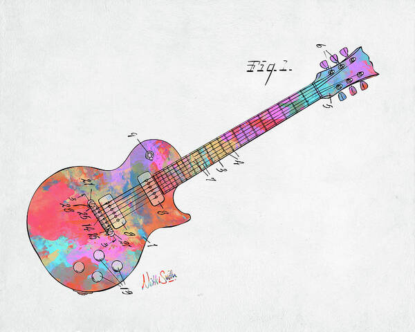 Guitar Art Print featuring the digital art Colorful 1955 McCarty Gibson Les Paul Guitar Patent Artwork Mini by Nikki Marie Smith