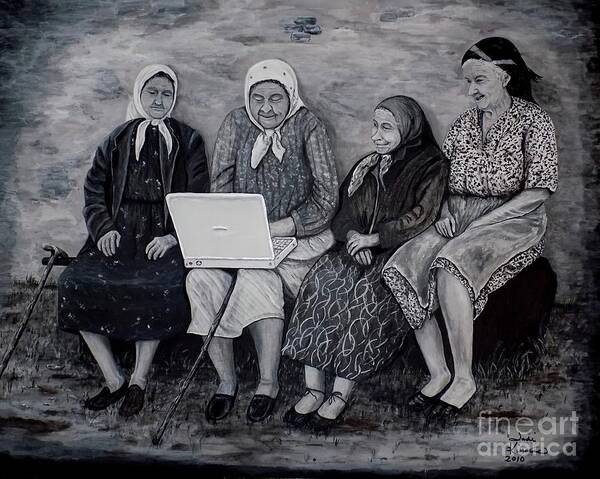 Old Ladies Art Print featuring the painting Computer Class by Judy Kirouac