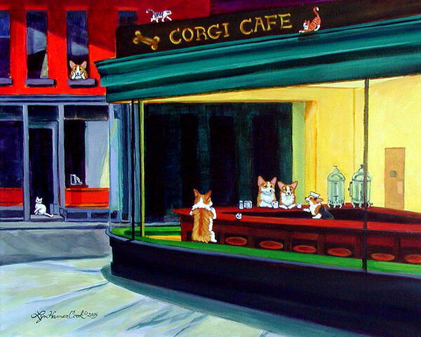 Corgi Cafe after Hopper Art Print by Lyn Cook