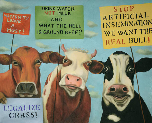 Cow Art Print featuring the painting Cows On Strike by Leah Saulnier The Painting Maniac