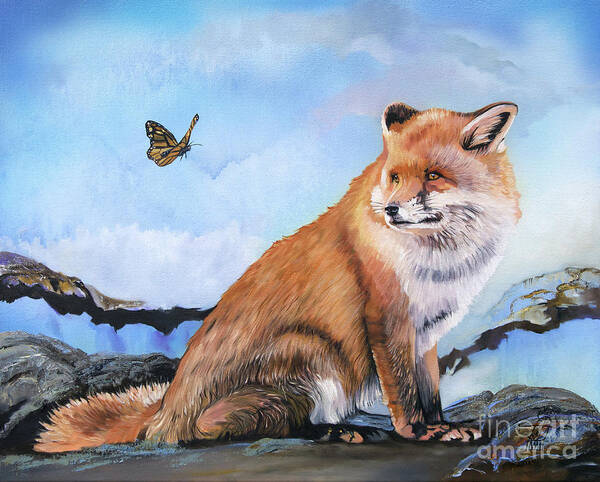 Fox Art Print featuring the painting The Fox and the Butterfly by J W Baker
