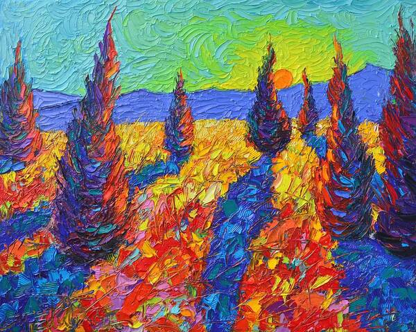 Trees Art Print featuring the painting Dancing Trees Sunrise Abstract Landscape Impressionist Palette Knife Painting By Ana Maria Edulescu by Ana Maria Edulescu