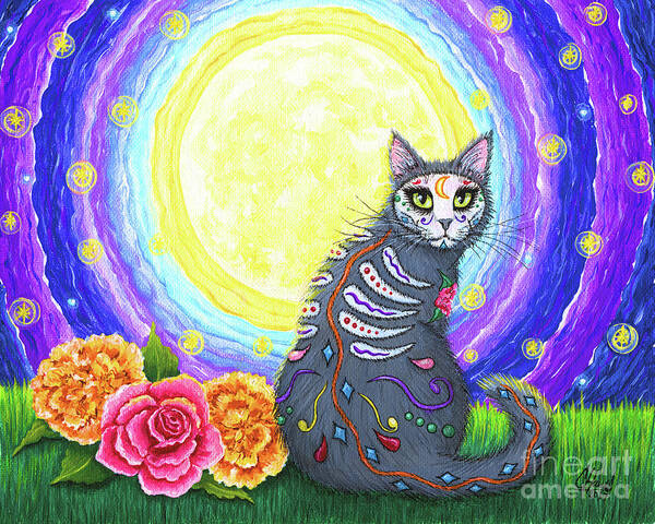 Dia De Los Muertos Gato Art Print featuring the painting Day of the Dead Cat Moon - Dia de los Muertos Gato by Carrie Hawks
