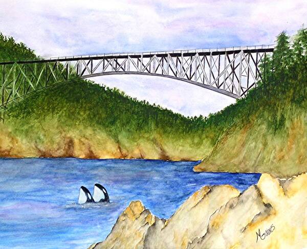 Bridges Art Print featuring the painting Deception Pass Bridge by Mary Gaines