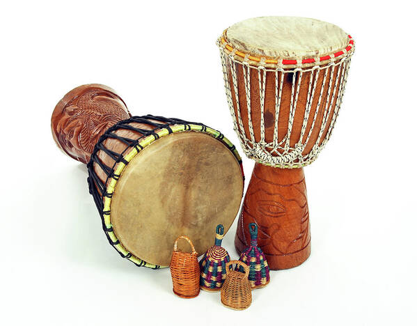 Djembe Art Print featuring the photograph Djembe drums and caxixi shakers by GoodMood Art