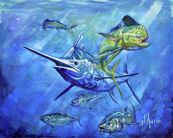 Blue Marlin Art Print featuring the painting Dorado, Marlin and Tuna by Tom Dauria