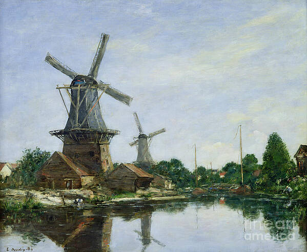 Holland Art Print featuring the painting Dutch Windmills by Eugene Louis Boudin by Eugene Louis Boudin