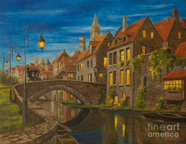 Bruges Belgium Art Art Print featuring the painting Evening in Brugge by Charlotte Blanchard