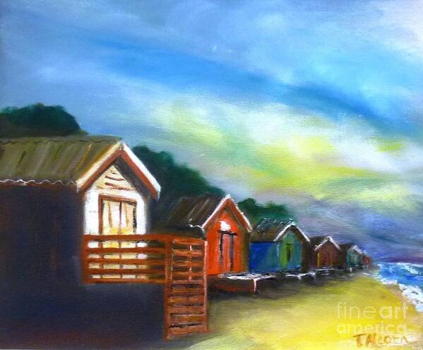 Boatsheds Art Print featuring the painting Beach Huts - Sold at Downlands Art Exhibition by Therese Alcorn