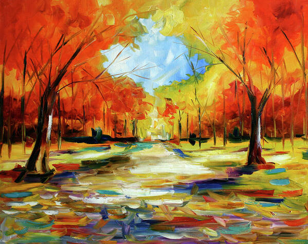 Landscape Painting Of Fall Trees Art Print featuring the painting Fall Walk in the Trees by Laurie Pace