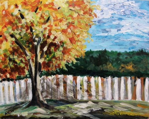 Maple Tree Art Print featuring the painting Fence under the Maple by Mary Carol Williams