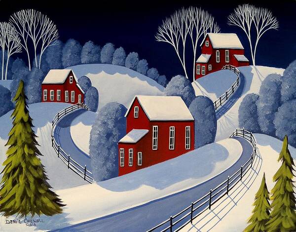 Winter Art Print featuring the painting Fenced Roads - folk art winter landscape by Debbie Criswell