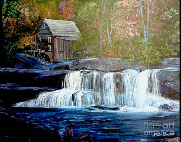 Glade Grist Mill Nature Scene Waterfall Cooper's Mill Babcock State Park Waterfalls Fayette County Waterfalls Landmarks National Treasure Old Grist Mills Fall Foliage Brown Blue River Rocks Waterfall In Two Tiers Peaceful Nature Scene Acrylic Paintings Art Print featuring the painting Finding the Living Waters Original by Kimberlee Baxter