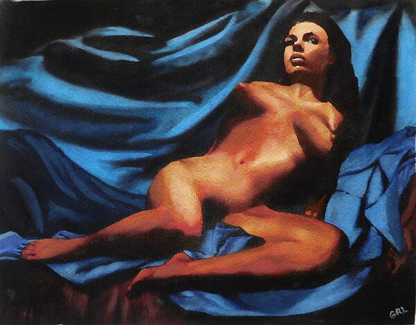 Original Art Print featuring the painting Fine Art Nude Multimedia Painting Tanya Sitting Reclined on Blue by G Linsenmayer