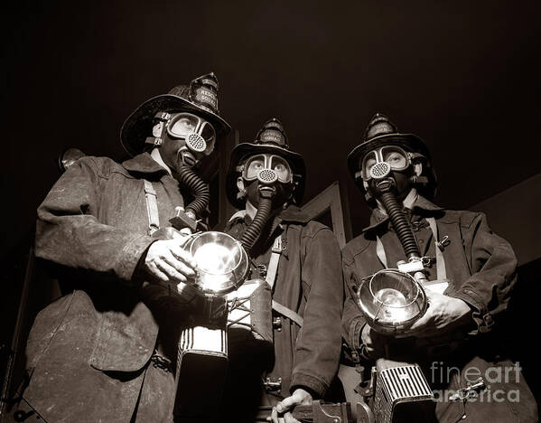 1950s Art Print featuring the photograph Firemen In Gas Masks, C.1950s by H. Armstrong Roberts/ClassicStock