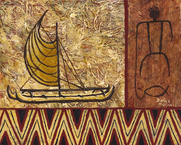 Hawaiian Petroglyphs Art Print featuring the painting Fisherman and canoe by Darice Machel McGuire