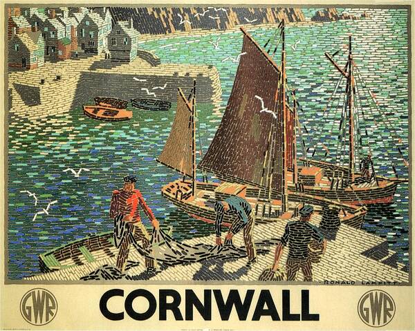Cornwall Art Print featuring the painting Fishing boats docked in a harbor with fishermen in Cornwall - Vintage Travel Poster by Studio Grafiikka