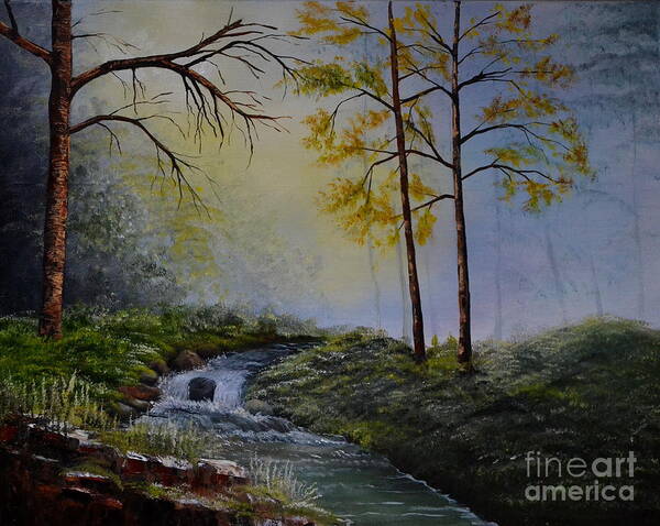 A Foggy Morning In A Forest That Has A Small Water Falls. In The Forest There Are Rocks Art Print featuring the painting Foggy Morning by Martin Schmidt