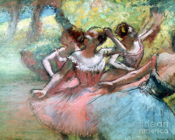 4 Art Print featuring the pastel Four ballerinas on the stage by Edgar Degas