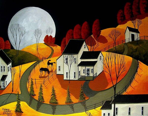 Landscape Art Print featuring the painting Frisky Autumn Eve - a folkartmama - folk art by Debbie Criswell