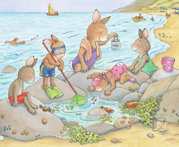 Sunny Bunnies Art Print featuring the painting Fun at the Tide Pool by June Goulding