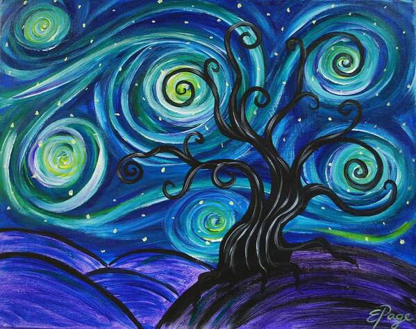 Funky Tree Art Print featuring the painting Funky Tree, Starry Night by Emily Page
