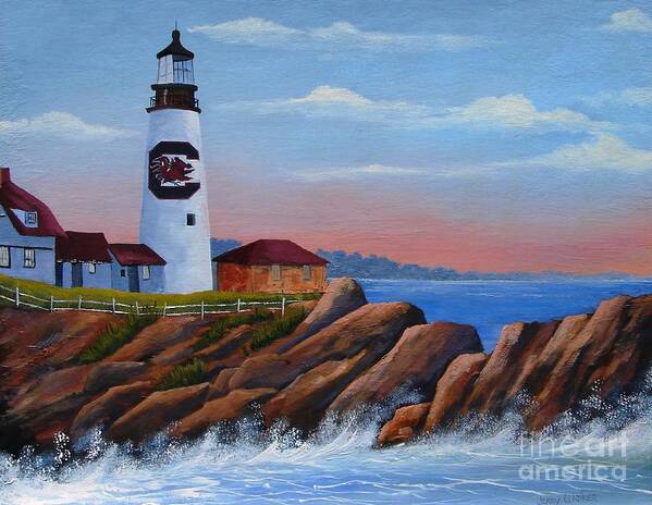 Gamecocks Art Print featuring the painting Gamecock Lighthouse by Jerry Walker