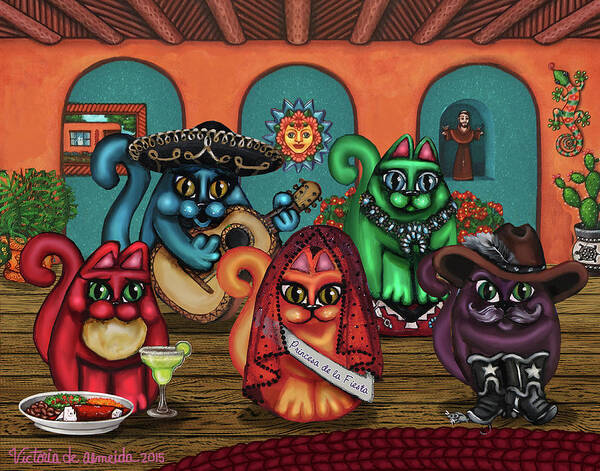 Hispanic Art Art Print featuring the painting Gatos de Santa Fe by Victoria De Almeida