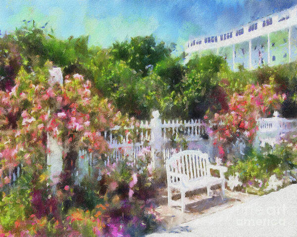 Grand Hotel Art Print featuring the painting Grand Hotel Gardens Mackinac Island Michigan by Betsy Foster Breen