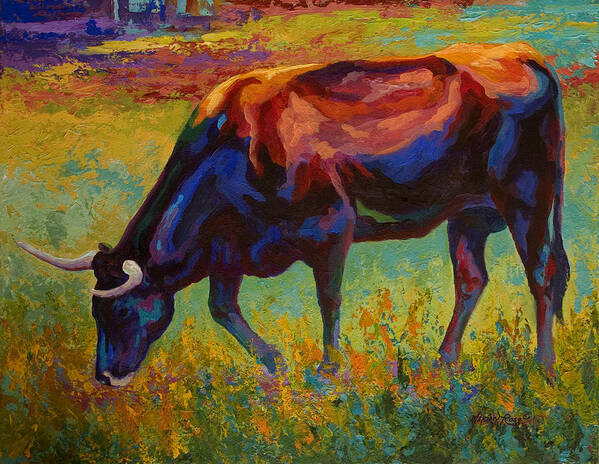 Longhorn Art Print featuring the painting Grazing Texas Longhorn by Marion Rose