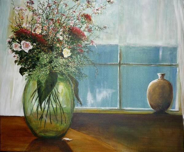 Flowers Art Print featuring the painting Green Glass Vase by Lizzy Forrester