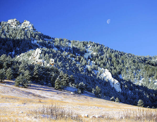 Nature Art Print featuring the photograph Half Moon Over the Flatirons by Marilyn Hunt